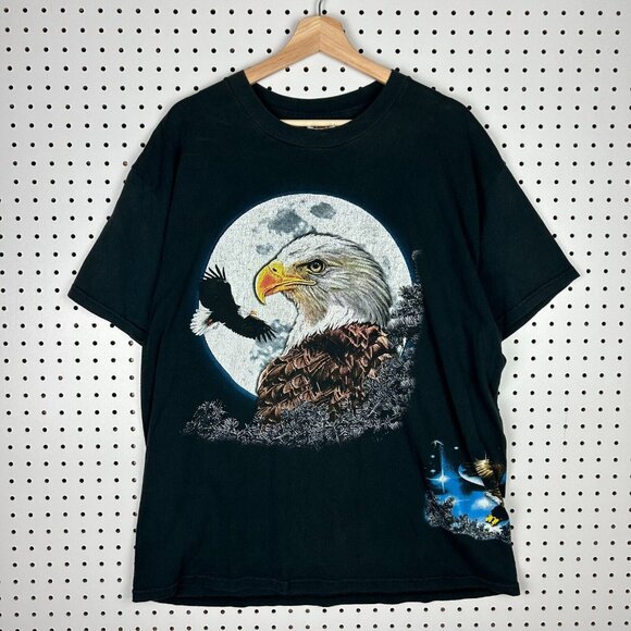 Vintage Bald Eagle Nature T Shirt Size XL Black 90s Lighting Galaxy Wrap Around - Picture 2 of 5